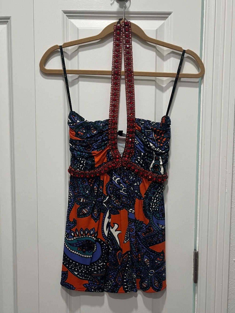 Y2K Sky Beaded Halter Top XS Red & Black Embellished Sequin Boho Festival Top